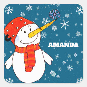 Sticker Carré Joli Snowman Personnalisable Enfants Noël