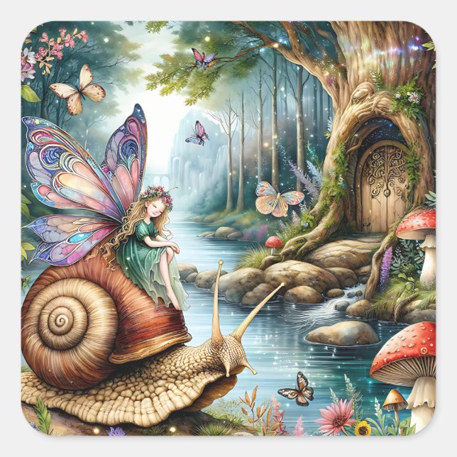 Sticker Carré Joli terrain de fée avec mignon escargots et papil (Devant)