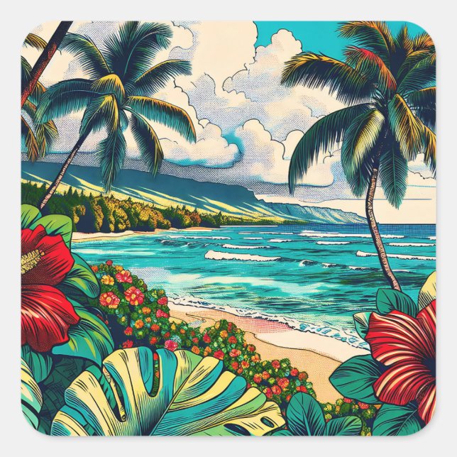 Sticker Carré Joli thème Hawaiian Island (Devant)