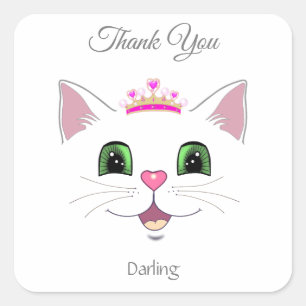 Sticker Carré Joli visage de chat royal avec couronne Merci
