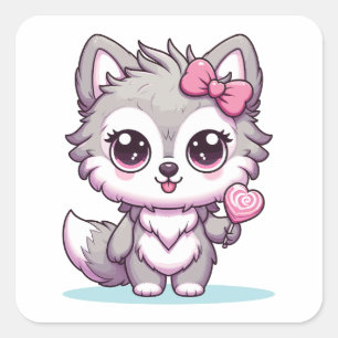 Sticker Carré Joli Wolf Kawaii Avec Lollipop
