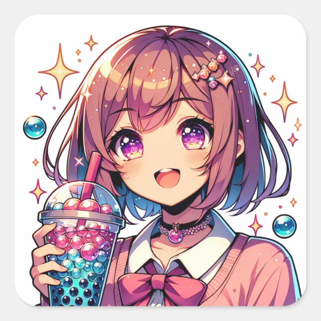Sticker Carré Jolie Anime Girl tenant Bubble Tea (Devant)