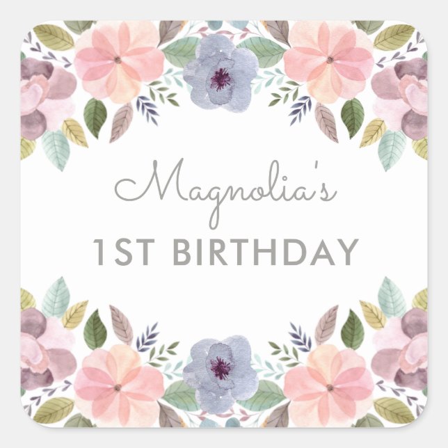Sticker Carré Jolie aquarelle Floral Nom de l'anniversaire (Devant)