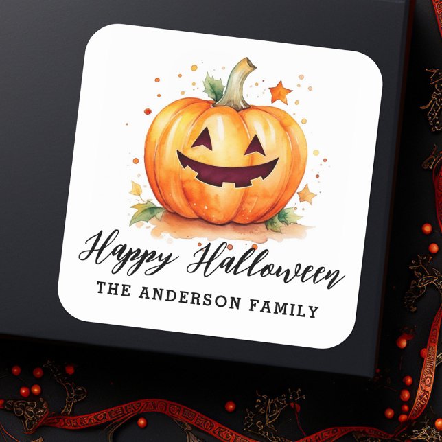 Sticker Carré Jolie aquarelle Jack-o-lanterne Halloween heureux (Cute watercolor Jack-o-lantern Happy Halloween Square Sticker)
