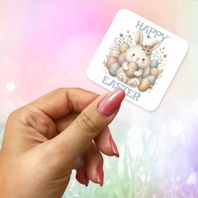 Sticker Carré Jolie aquarelle Lapin Pâques (Cute watercolor Bunny Easter Square Sticker)