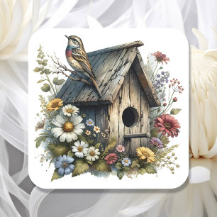Sticker Carré Jolie aquarelle Rustique Birdhouse et Bird