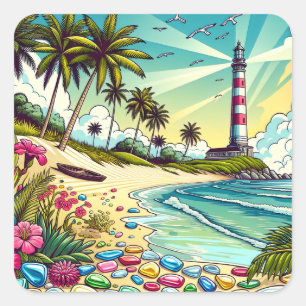 Sticker Carré Jolie bande dessinée style Paradis tropical