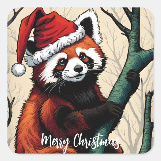 Sticker Carré Jolie branche de panda rouge Noël (Devant)