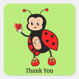 Sticker Carré Jolie coccinelle et cœur sur fond vert Merci