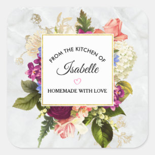 Sticker Carré Jolie cuisine rose et blanc Aquarelle Fleurs