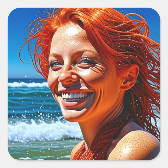 Sticker Carré Jolie Dame rouge Haired à Beach ai art (Devant)
