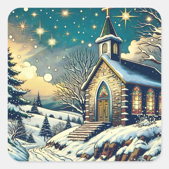 Sticker Carré Jolie église à Noël d'hiver (Devant)