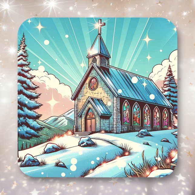 Sticker Carré Jolie église à Noël d'hiver (Créateur téléchargé)
