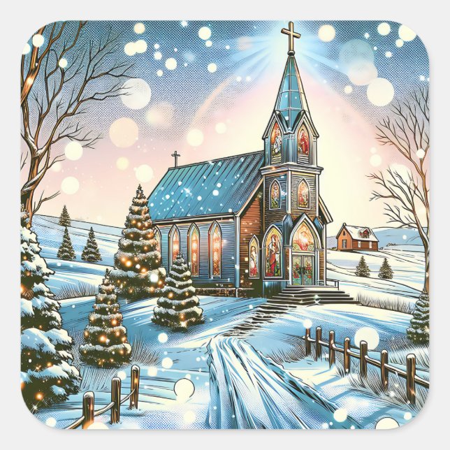Sticker Carré Jolie église pour Noël d'hiver (Devant)