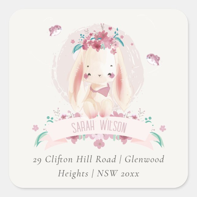 Sticker Carré Jolie Elegant Pink Floral Bunny & Birds Adresse (Devant)