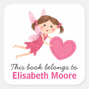 Sticker Carré Jolie fée avec coeur rose enfant livre de biblioth