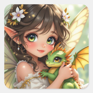 Sticker Carré Jolie fée d'anime et dragon Chibi