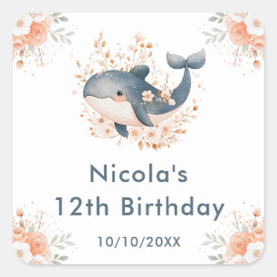 Sticker Carré Jolie fête d'anniversaire baleine florale