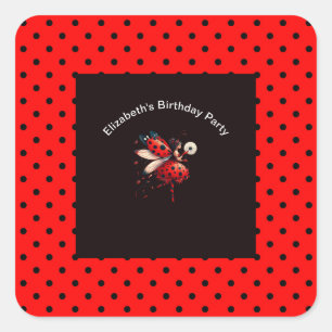 Sticker Carré Jolie fête d'anniversaire de fée coccinelle noire 