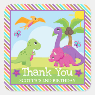 Sticker Carré Jolie Fête d'Anniversaire Dinosaures Amis Fille Co