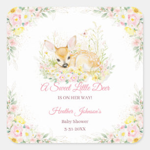 Sticker Carré Jolie Fête de Naissance Cerf Floral Rose