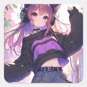Sticker Carré Jolie fille Anime dans casque avec oreilles de cha