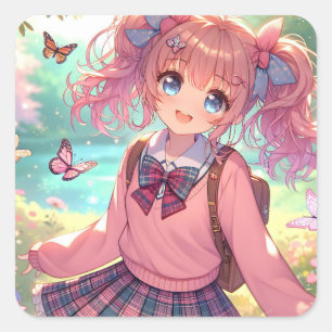 Sticker Carré Jolie fille Anime en Pigtails Roses