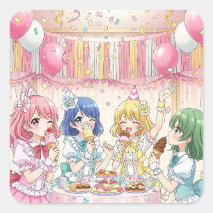 Sticker Carré Jolie Fille Anime Fête d'Anniversaire de Glace