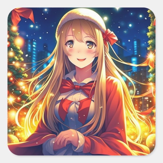 Sticker Carré Jolie fille Anime pendant Noël de jour d'hiver (Devant)