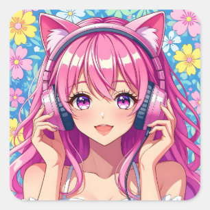 Sticker Carré Jolie Fille Anime Rose avec Écouteurs