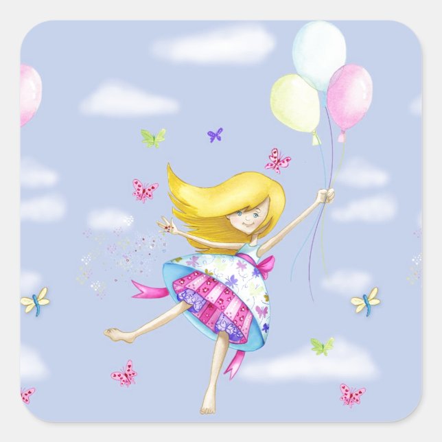 Sticker Carré Jolie fille ballon fée vol de cadeaux de fantaisie (Devant)