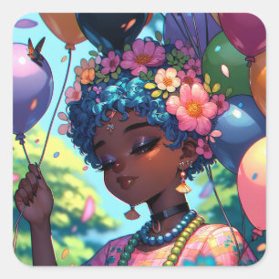 Sticker Carré Jolie fille d'Anime noire avec anniversaire