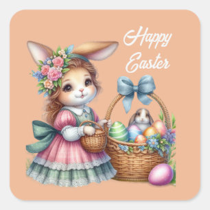 Sticker Carré Jolie fille de Pâques lapin ajouter du texte