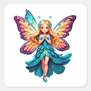 Sticker Carré ⭐ Jolie Fille Fée Avec des Ailes de Papillon 🦋