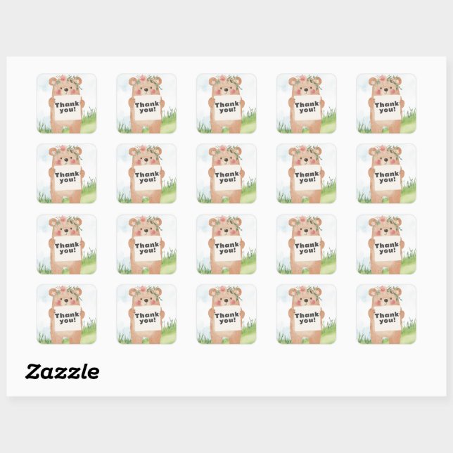 Sticker Carré Jolie fille Ours tenant nom ou message (Feuille)