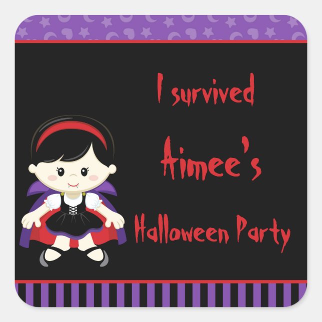 Sticker Carré Jolie fille vampire Halloween 'I Survived' (Devant)