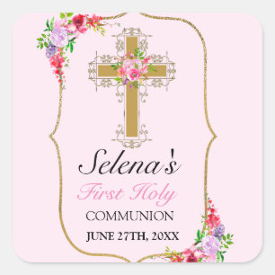 Sticker Carré Jolie Filles Florales Roses 1ère Sainte Communion