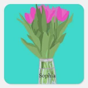 Sticker Carré Jolie fleur de tulipe Illustration moderne + Nom