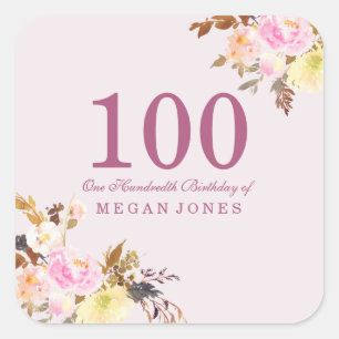 Sticker Carré Jolie Fleur rose Peach 100e fête d'anniversaire