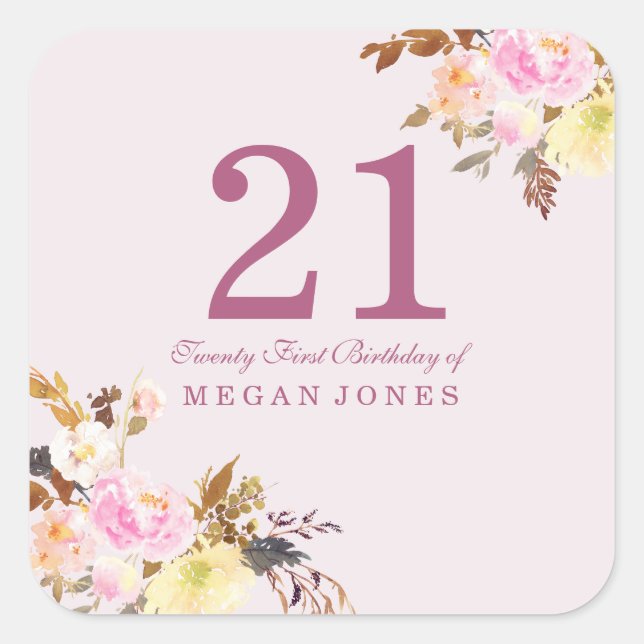 Sticker Carré Jolie Fleur rose Peach 21e fête d'anniversaire (Devant)