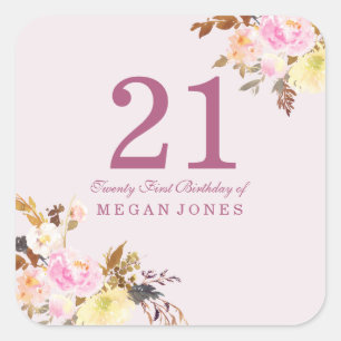 Sticker Carré Jolie Fleur rose Peach 21e fête d'anniversaire