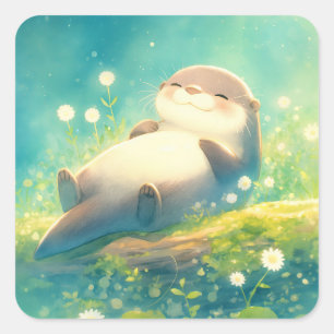 Sticker Carré Jolie loutre à l'aquarelle allongée sur une bûche