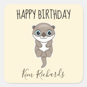 Sticker Carré Jolie loutre brune crème anniversaire