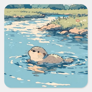 Sticker Carré Jolie loutre nageant dans une rivière ensoleillée
