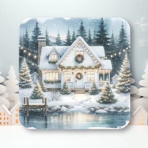 Sticker Carré Jolie maison de fête sur un lac gelé Noël