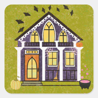 Sticker Carré Jolie maison de sorcière hantée pour Halloween