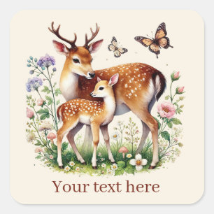Sticker Carré Jolie maman et bébé cerf ajoutez votre message