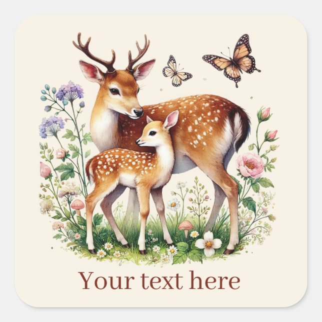 Sticker Carré Jolie maman et bébé cerf ajoutez votre message (Devant)