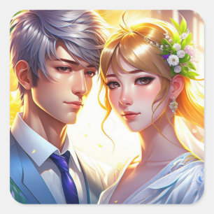 Sticker Carré Jolie mariée et beau marié couple d'anime