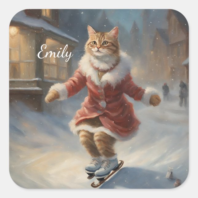 Sticker Carré Jolie Noël Patinage de chat Jouer (Devant)
